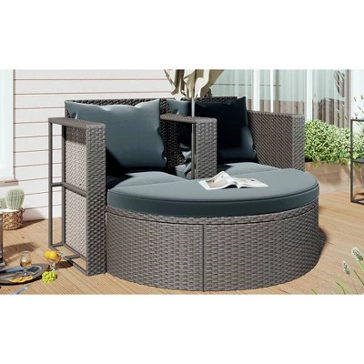 2pc Outdoor Wicker Conversation Sectional Set With Cushions & Half-Moon Side Table For Umbrella - Gray - GODEER 2 2pc Outdoor Wicker Conversation Sectional Set With Cushions & Half-Moon Side Table For Umbrella - Gray - GODEER - Image 2