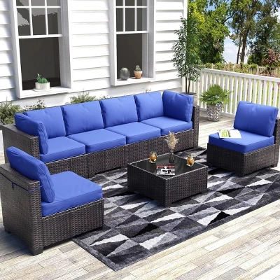 7Pcs PE Rattan Patio Conversation Set With Sectional Sofa & Coffee Table, Outdoor Furniture For Garden, Poolside, And Backyard 5 7Pcs PE Rattan Patio Conversation Set With Sectional Sofa & Coffee Table, Outdoor Furniture For Garden, Poolside, And Backyard - Image 5
