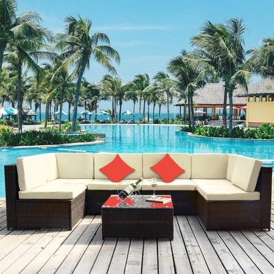 7pc Wicker Patio Sofa Set With Cushions - Brown/Beige - GODEER 2 7pc Wicker Patio Sofa Set With Cushions - Brown/Beige - GODEER - Image 2