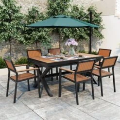 7 PCS Outdoor Dining Set With 6 Chairs, Extendable Table (62.9" To 82.6"), Adjustable For Personalized Arrangements, Black/Camel - ModernLuxe