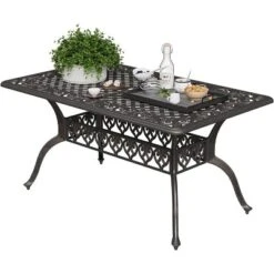 Cast Aluminum Outdoor Dining Table, 59'' Patio Dining Table With 2" Umbrella Hole And Adjustable Foot Pads For Garden, Backyard, Deck