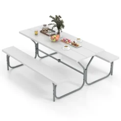 Costway 6 FT Picnic Table Bench Set Outdoor Dining Table & 2 Benches With Metal Frame Green/White/Black/Grey -VIDAXL Sale Store GUEST 7e7fb92f d167 4f1a ba55 5f9f8dc2803a