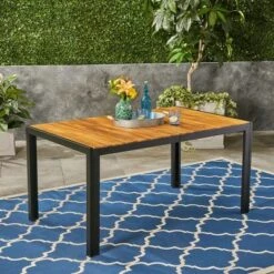 Outdoor Patio Dining Table With Slatted Wood Top And Black Metal Frame, Modern Rectangular Table For Balcony, Garden, Or Backyard-Maison Boucle 13 Outdoor Patio Dining Table With Slatted Wood Top And Black Metal Frame, Modern Rectangular Table For Balcony, Garden, Or Backyard-Maison Boucle -VIDAXL Sale Store GUEST 80479ea1 1c1b 4379 a1ce 495219c2e2d5