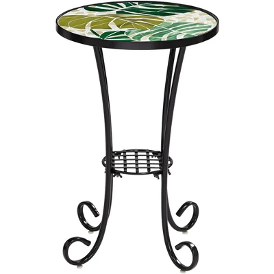 Teal Island Designs Tropical Black Round Outdoor Accent Side Tables 14" Wide Set Of 2 Green Leaves Mosaic Tabletop Front Porch Patio Home House 5 Teal Island Designs Tropical Black Round Outdoor Accent Side Tables 14" Wide Set Of 2 Green Leaves Mosaic Tabletop Front Porch Patio Home House - Image 5