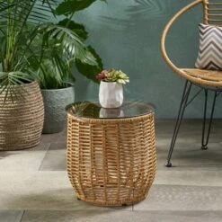 15.5'' Round Rattan Side Table With Tempered Glass Top,Boho Outdoor Accent Table For Patio Or Balcony-Cuddlewood 15 15.5'' Round Rattan Side Table With Tempered Glass Top,Boho Outdoor Accent Table For Patio Or Balcony-Cuddlewood -VIDAXL Sale Store GUEST 80f2a008 a3d9 4f6a b0af 00ae157c1e0c