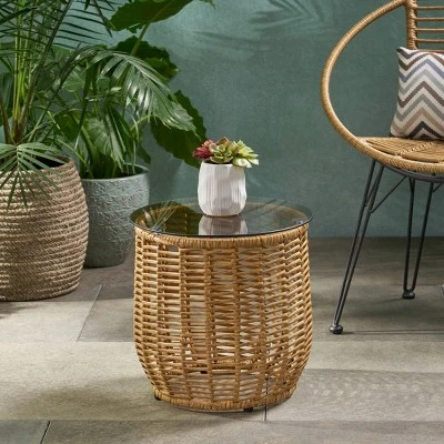 15.5'' Round Rattan Side Table With Tempered Glass Top,Boho Outdoor Accent Table For Patio Or Balcony-Cuddlewood 8 15.5'' Round Rattan Side Table With Tempered Glass Top,Boho Outdoor Accent Table For Patio Or Balcony-Cuddlewood - Image 8