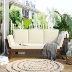 SKRAN Outdoor Adjustable Patio Wooden Daybed Sofa Chaise Lounge With Cushions For Small Places, Brown Finish+Beige Cushion -VIDAXL Sale Store GUEST 844475f2 2450 45d8 afff fe31efbe3469