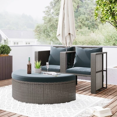 2pc Outdoor Wicker Conversation Sectional Set With Cushions & Half-Moon Side Table For Umbrella - Gray - GODEER 1 2pc Outdoor Wicker Conversation Sectional Set With Cushions & Half-Moon Side Table For Umbrella - Gray - GODEER