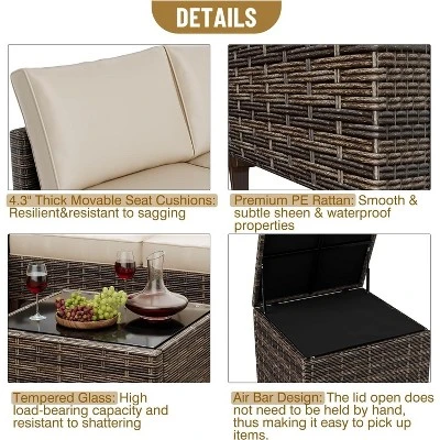 Acekool 4 Piece Black PE Wicker Patio Furniture Set With Storage Table, Sectional Conversation Sofa, Glass Top & Beige Cushions For Outdoor Spaces 1 Acekool 4 Piece Black PE Wicker Patio Furniture Set With Storage Table, Sectional Conversation Sofa, Glass Top & Beige Cushions For Outdoor Spaces