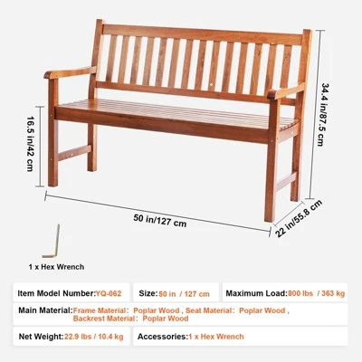 VEVOR Outdoor Bench, 50 Inches Wood Garden Bench For Outdoors, Outdoor Garden Park Bench With Backrest And Armrests, 800 Lbs Load Capacity Bench 7 VEVOR Outdoor Bench, 50 Inches Wood Garden Bench For Outdoors, Outdoor Garden Park Bench With Backrest And Armrests, 800 Lbs Load Capacity Bench - Image 7