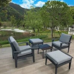 5pc Outdoor Wicker Conversation Set With Arm Chairs, Accent Table & Ottomans - Gray - GODEER