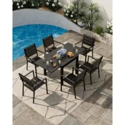 Aluminum 31"-63" Extendable Outdoor Dining Table Set For 4-6 Person, Expandable Patio Table With Wood Pattern Tabletop For Backyard, Deck
