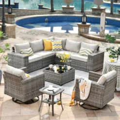 Marlton 9pc Wicker Outdoor Patio Furniture Set Conversation Sofa Sectional With Swivel Chairs And Cushions -VIDAXL Sale Store GUEST 8ba81db5 b6f4 4715 aed6 e6a669577d15