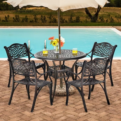 Costway 36'' Patio Round Dining Bistro Table Cast W/2'' Umbrella Hole 3 Costway 36'' Patio Round Dining Bistro Table Cast W/2'' Umbrella Hole - Image 3