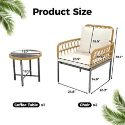 3-Piece All-Weather Wicker Rattan Bistro Patio Furniture Set With Glass Table And Thick Cushions, For Balcony, Garden, Backyard, And Poolside, Beige