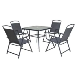 5pc Outdoor Steel Dining Set With Folding Chairs & Square Glass Table Top Gray - Crestlive Products