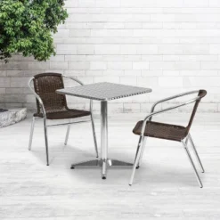 Emma And Oliver 23.5" Square Aluminum Garden Patio Table Set With 2 Rattan Chairs