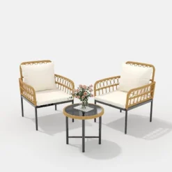 3-Piece All-Weather Wicker Rattan Bistro Patio Furniture Set With Glass Table And Thick Cushions, For Balcony, Garden, Backyard, And Poolside, Beige -VIDAXL Sale Store GUEST 94bc3ac5 8ce3 4b49 95d0 0faf1accdf00