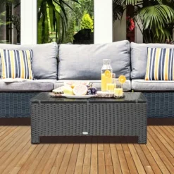 OUTSUNNY Ousunny Patio Furniture, Wicker Coffee Table, Hand-Woven PE Rattan Side Table With A Tempered Glass Top, 33.5" X 19.75", Black -VIDAXL Sale Store GUEST 95556cbc 0d07 4f0c 8c51 ec3a24b9842f