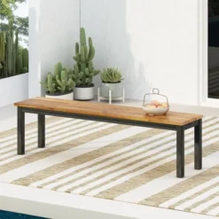 Wooden Outdoor Bench With Metal Frame,Modern Minimalist Bench With Teak Slatted Top,Patio Bench For Backyard Or Garden-Cuddlewood