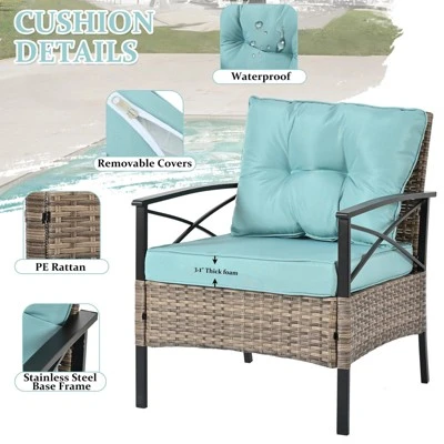 ELJGET 4 Pieces Outdoor Patio Furniture Set, Wicker Rattan Conversation Set With Table For Porch Deck, Blue 4 ELJGET 4 Pieces Outdoor Patio Furniture Set, Wicker Rattan Conversation Set With Table For Porch Deck, Blue - Image 4