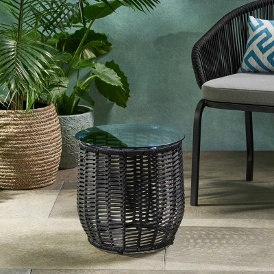 15.5'' Round Rattan Side Table With Tempered Glass Top,Boho Outdoor Accent Table For Patio Or Balcony-Cuddlewood 1 15.5'' Round Rattan Side Table With Tempered Glass Top,Boho Outdoor Accent Table For Patio Or Balcony-Cuddlewood