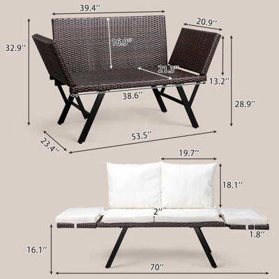 Karl Home | Convertible Outdoor Wicker Sofa With White Cushions And Pillows 1 Karl Home | Convertible Outdoor Wicker Sofa With White Cushions And Pillows