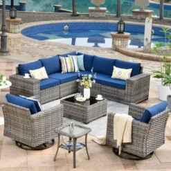 Marlton 9pc Wicker Outdoor Patio Furniture Set Conversation Sofa Sectional With Swivel Chairs And Cushions -VIDAXL Sale Store GUEST 9a5793cb 6c21 4364 9f89 409cad274107