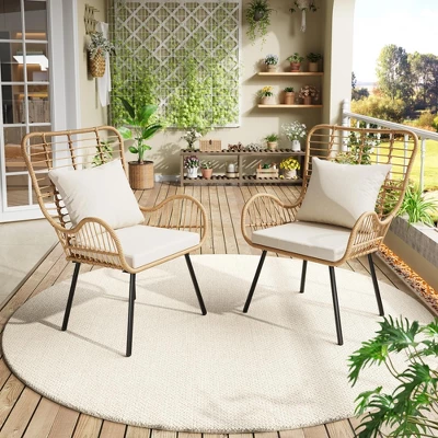 Set Of 2 All-Weather Wicker Patio Chairs, Outdoor Rattan Dining Chairs With Thick Cushions & High Backrest For Porch, Balcony, Garden, Brown 7 Set Of 2 All-Weather Wicker Patio Chairs, Outdoor Rattan Dining Chairs With Thick Cushions & High Backrest For Porch, Balcony, Garden, Brown - Image 7