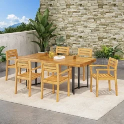 Noah 7pc Outdoor Modern Industrial Acacia Wood Dining Set - Teak/Black/Dark Brown - Christopher Knight Home