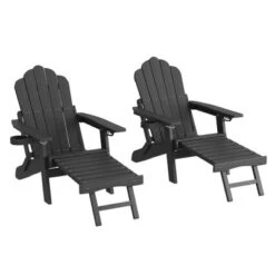 Sonkuki 2-Piece Folding Adirondack Chair With Retractable Ottoman, Fire Pit Patio Chair With Cup Holder Lawn Outdoor Lounge Chair