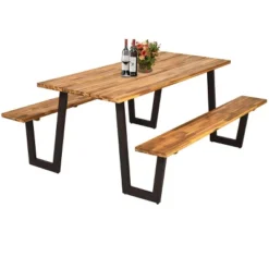 Tangkula Patented Picnic Table Bench Set Outdoor Camping Wooden 2 Built-in Benches W/Umbrella Hole