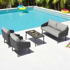4-Piece Outdoor Patio Furniture Set With Rope Woven Chairs, Loveseat, Plastic-Wood Coffee Table, Water-Repellent Cushions & Rust-Resistant Frame -VIDAXL Sale Store GUEST a55e422d 8f02 44c9 a6ed fbfe30e7ba02