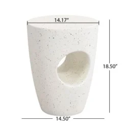 CAVINAS Round Top Patio End Table, Drum Shape Outdoor End Tables With Sculptural Hollow Design, Outdoor Lightweight Concrete Side Table