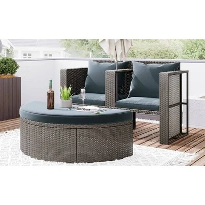 2pc Outdoor Wicker Conversation Sectional Set With Cushions & Half-Moon Side Table For Umbrella - Gray - GODEER 3 2pc Outdoor Wicker Conversation Sectional Set With Cushions & Half-Moon Side Table For Umbrella - Gray - GODEER - Image 3