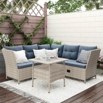 4pc Wicker Adjustable Patio Seating Set With Cushions - Natural/Gray - GODEER 3 4pc Wicker Adjustable Patio Seating Set With Cushions - Natural/Gray - GODEER - Image 3