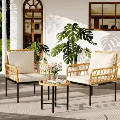 3-Piece All-Weather Wicker Rattan Bistro Patio Furniture Set With Glass Table And Thick Cushions, For Balcony, Garden, Backyard, And Poolside, Beige -VIDAXL Sale Store GUEST a93ad91c 4c22 4cad aed7 a505f7504a35