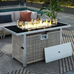 43" Propane Gas Fire Pit Table Patio Dining Table Patio Coffee Table 60000 BTU Rectangular Open Weave Wicker Fire Pit, Orange/Gray-ModernLuxe -VIDAXL Sale Store GUEST aaa6841f 74a2 4654 9827 367cf2ffb7ef