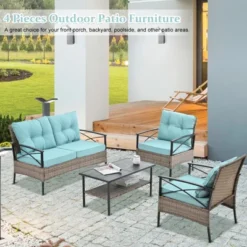 ELJGET 4 Pieces Outdoor Patio Furniture Set, Wicker Rattan Conversation Set With Table For Porch Deck, Blue 16 ELJGET 4 Pieces Outdoor Patio Furniture Set, Wicker Rattan Conversation Set With Table For Porch Deck, Blue -VIDAXL Sale Store GUEST ac1d797b e980 4156 baf7 55425f8a4d23