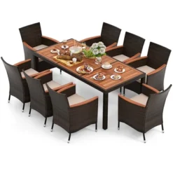 Costway 9PCS Patio Wicker Dining Set Acacia Wood Table Top Umbrella Hole Cushions Chairs