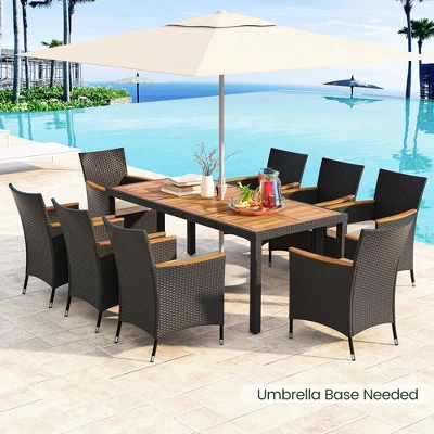 Costway 9 PCS Outdoor Dining Set With Acacia Wood Tabletop, Umbrella Hole, Seat Cushions 3 Costway 9 PCS Outdoor Dining Set With Acacia Wood Tabletop, Umbrella Hole, Seat Cushions - Image 3