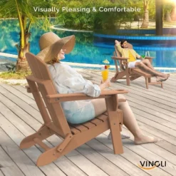 VINGLI Folding Adirondack Chair With Ottoman, Waterproof Plastic HDPE Firepit Chair For Outside With Hidden Footrests