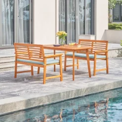 Waimea 3pc Honey Slatted Eucalyptus Wood Patio Dining Set With Bench & Cushions - Vifah