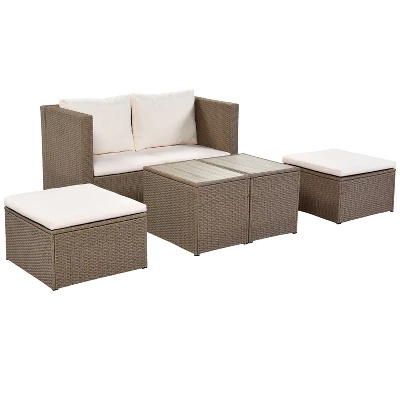 Outdoor Patio 6-Piece PE Wicker Sectional Sofa With 2 Coffee Tables, Brown Wicker + Beige Cushions - ModernLuxe 5 Outdoor Patio 6-Piece PE Wicker Sectional Sofa With 2 Coffee Tables, Brown Wicker + Beige Cushions - ModernLuxe - Image 5