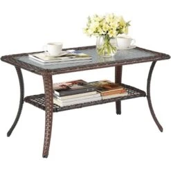 VINGLI Outdoor Coffee Table With Storage Wicker Patio Coffee Table, Tempered Glass Top Coffee Table For Patio Outside Balcony Porch Deck (Brown) -VIDAXL Sale Store GUEST b63521dd aaf9 4a06 a1ff 9e3c5523577e