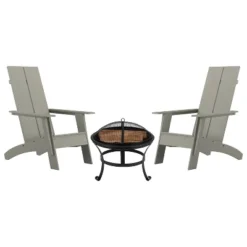 Emma And Oliver Set Of 2 Modern All-Weather Poly Resin Adirondack Rocking Chairs With A Wood Burning Fire Pit For Outdoor Use