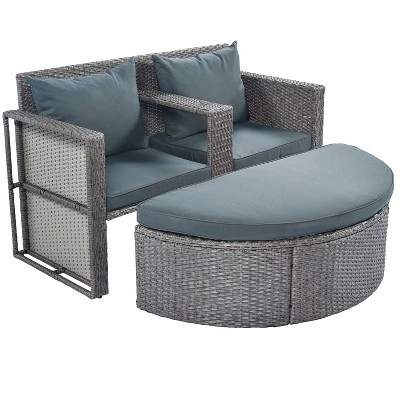 2pc Outdoor Wicker Conversation Sectional Set With Cushions & Half-Moon Side Table For Umbrella - Gray - GODEER 4 2pc Outdoor Wicker Conversation Sectional Set With Cushions & Half-Moon Side Table For Umbrella - Gray - GODEER - Image 4