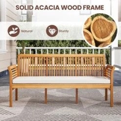 Tangkula 3 Person Outdoor Bench, 62.5" Acacia Wood Patio Sofa With Curved Armrests And Removable Seat Cushion -VIDAXL Sale Store GUEST b8754cbc c470 4569 be5d 725ccbabf560