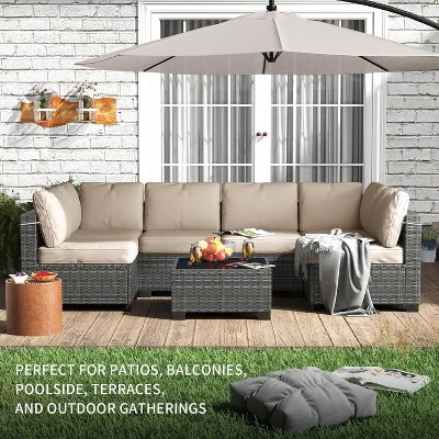Garvee 7-Piece Patio Furniture Set, Rattan Wicker Sectional With Cushions, Modular Conversation Couch Set For Porch, Garden, Or Deck 7 Garvee 7-Piece Patio Furniture Set, Rattan Wicker Sectional With Cushions, Modular Conversation Couch Set For Porch, Garden, Or Deck - Image 7