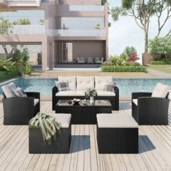 6 Piece Wicker Patio Furniture Sets,Sectional Sofa Set With Coffee Table,Modern Outdoor Garden Sofa Set With Ottomans And Cushions-Coolbibila -VIDAXL Sale Store GUEST bf47fd35 255f 442e ad23 9d932c3dcb62